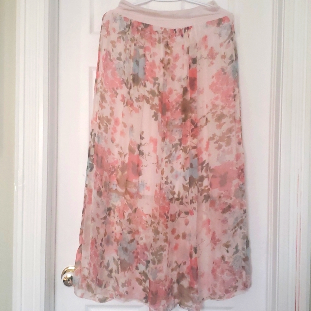Floral Chiffon Maxi Skirt - Pink Floral 100%silk